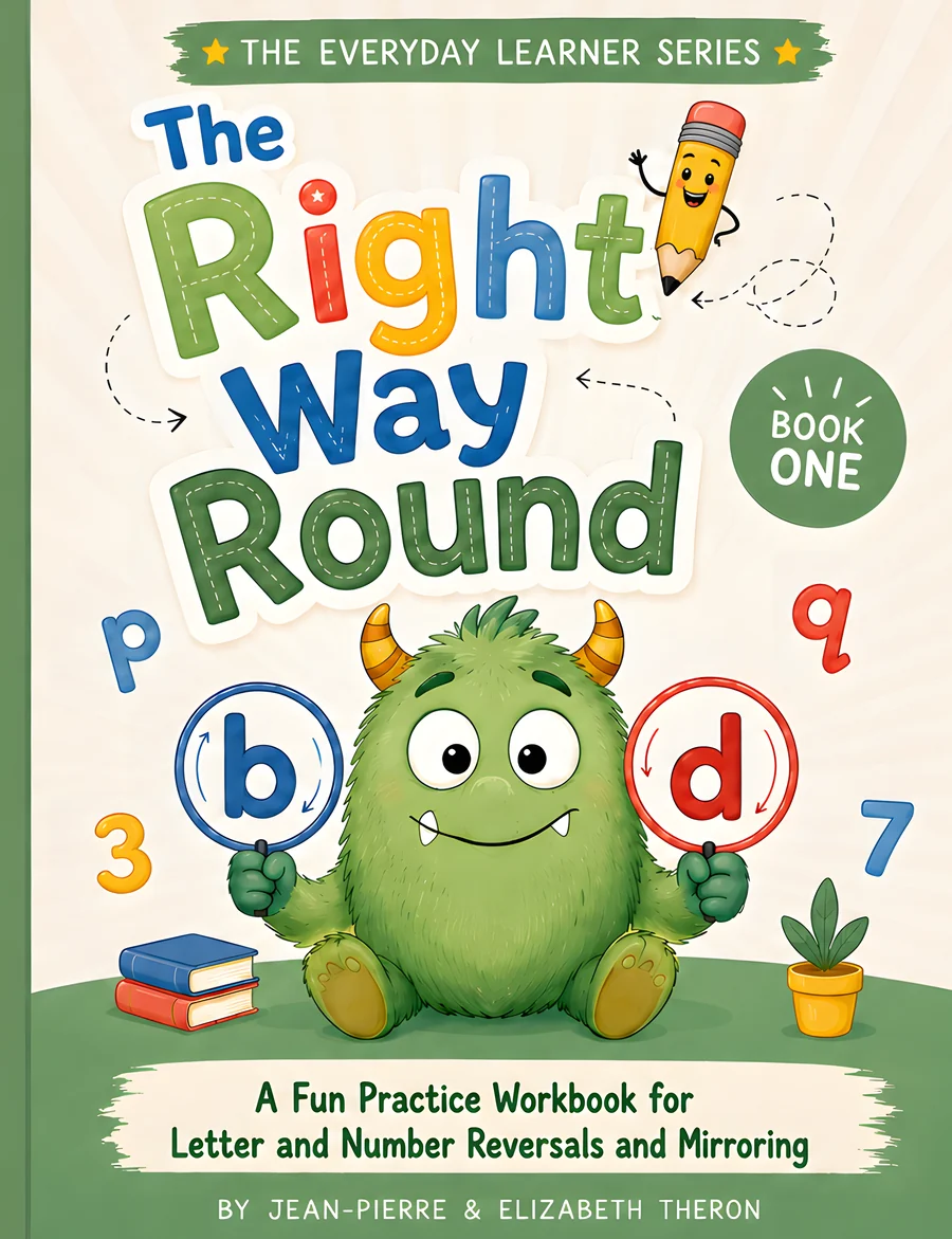 Cover of The Right Way Round, a green monster holding a letter b and a letter d.