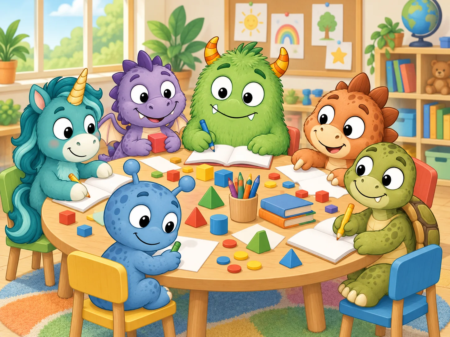 The Everyday Learner cast around a classroom table: Milo the monster, Dexter the dinosaur, Toby the tortoise, Ziggy the alien, Tilly the unicorn and Pip the dragon. Six friends learning with pencils, books and counting blocks.